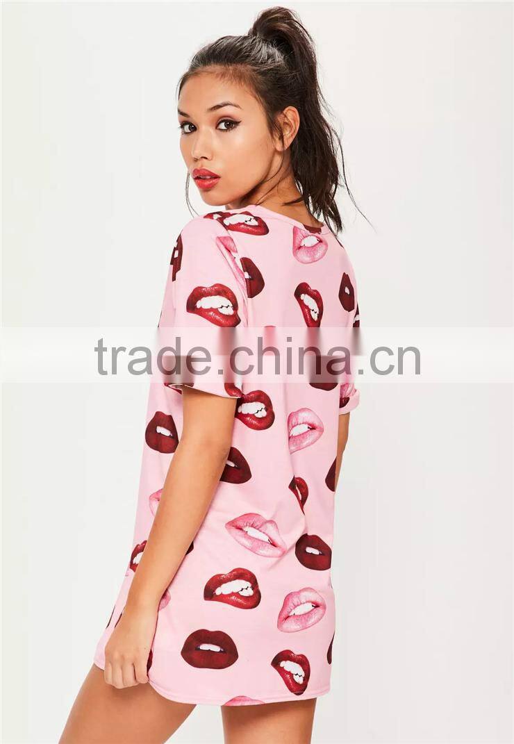 Custom Full Print Women Oversizes V Neck Pink Lip Print Nightshirt Roll Sleeve Causal Loose Sleepwear