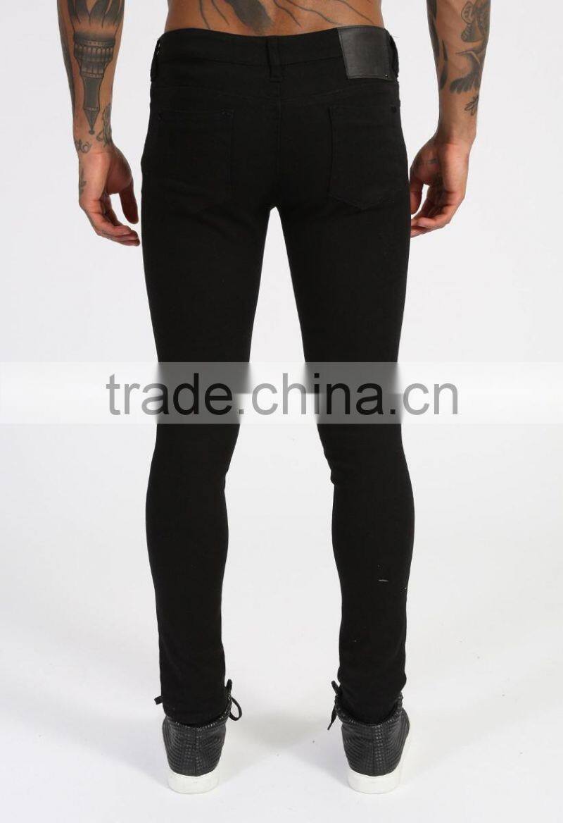Mens 2016 fashion skinny jeans plain black slim denim jeans ripped jeans