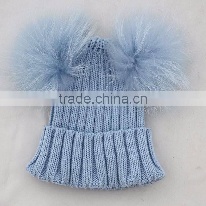 Myfur Red Raccoon Fur Pom Poms Wool Knitting Hat with Genuine Raccoon Fur Balls