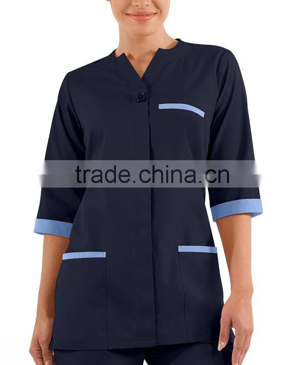 High Quality Female Color Contrasting 3/4 Sleeves House Keeping Tunic with One Button Closure