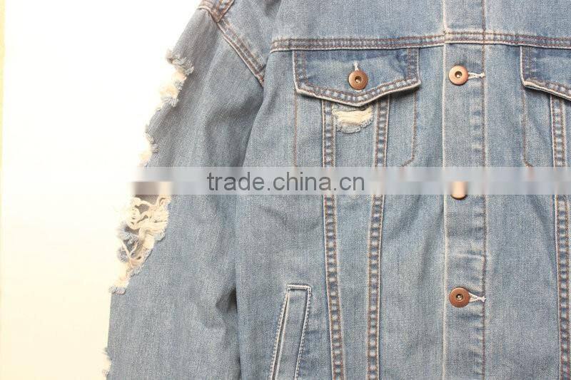 Men's washed distressed cotton/spandex button-up denim jacket with holes