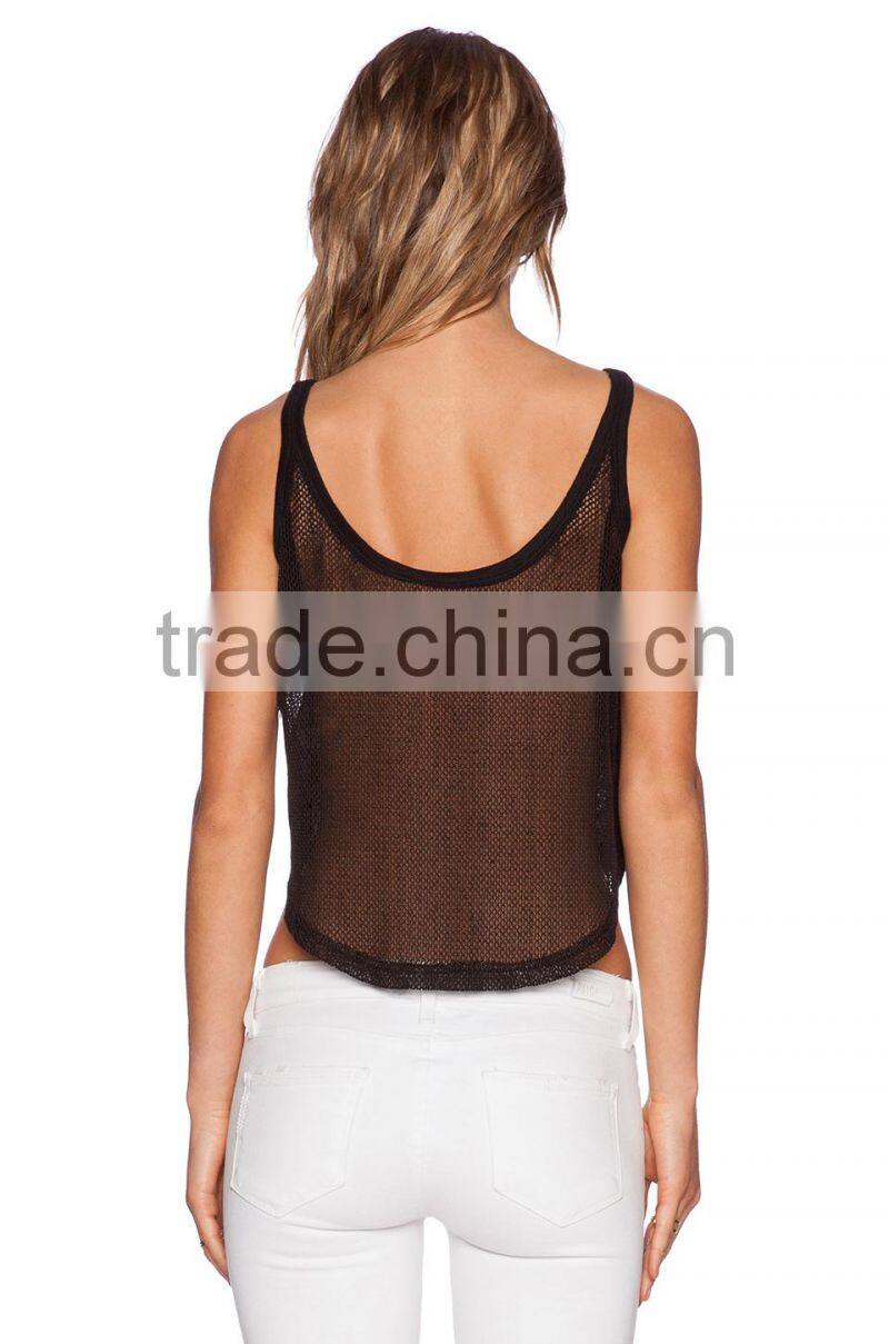 contrast mesh knit back lace tank top
