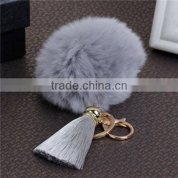 Custom Gold Plated Gray Angora Pom Pom Ball Rayon Tassel Keychain