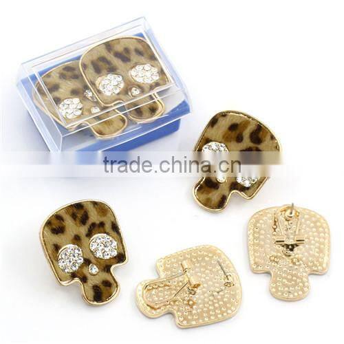 Gold Plated Leopard-Skin Printed Clear Rhinestone Halloween Skull Earring Post With Gift Box 31.5x15mm