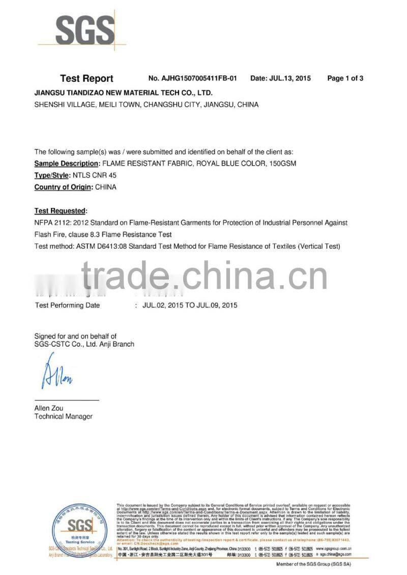 95% meta aramid and 5%para aramid fabrics/aramid blended fabrics