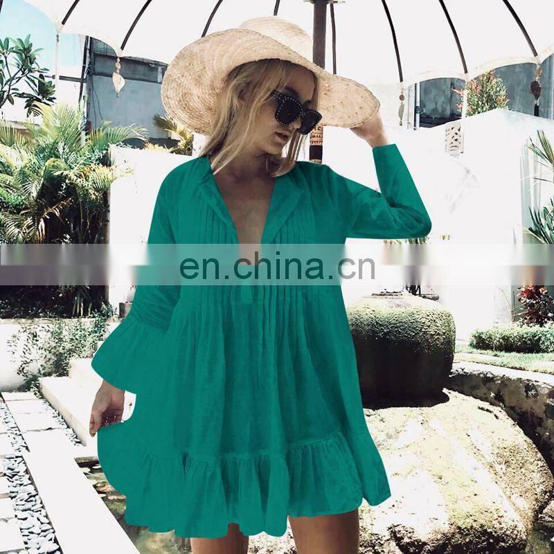 Loose Beach Dress Women White Beach Cover Up Women Bikini Cover Up Flare Sleeve Bohemian Bathing Suit Sundress Ruffle Hem Dress