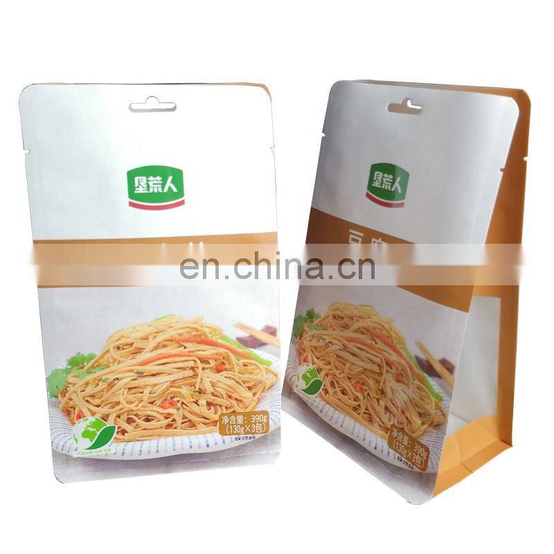 Stand up flat bottom white kraft paper bag custom logo 390g Tofu Wire pouch resealable gusset bag with clear side window
