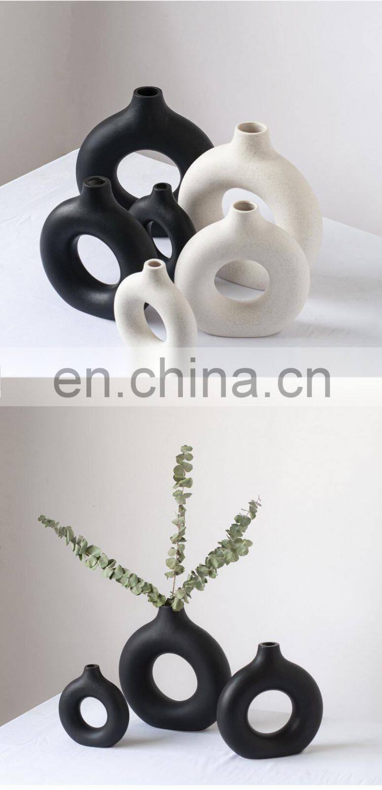 Black Circular Hollow Ceramic Vase Donuts Nordic Flower Pot Home Decoration Accessories Office Living Room Interior Decor