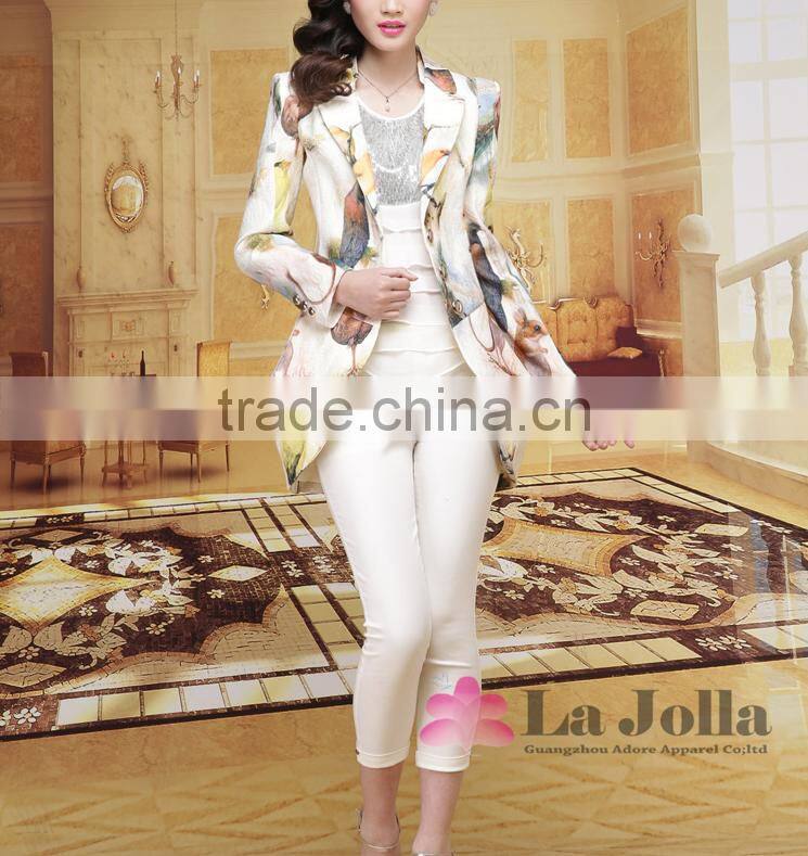 2016 Hot sale ladies fashion printing flowers long skinny suit coat office for women