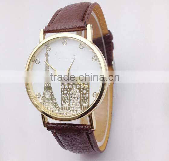 High quality Leather watch Women's Eiffel Tower Printed Dial Faux Leather Analog Quartz Wrist Watch