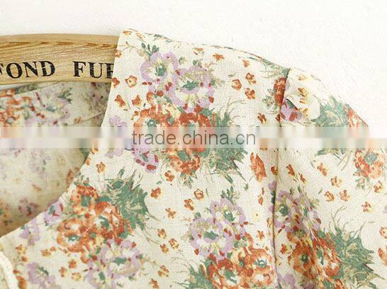 ladies long cotton linen fashion long skirt printed floral blouse