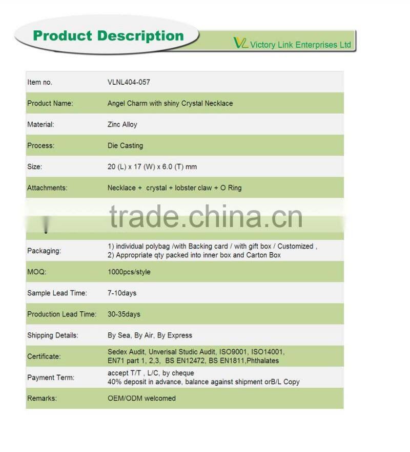 Angel Pendant Charm with Shiny Crystal Necklace