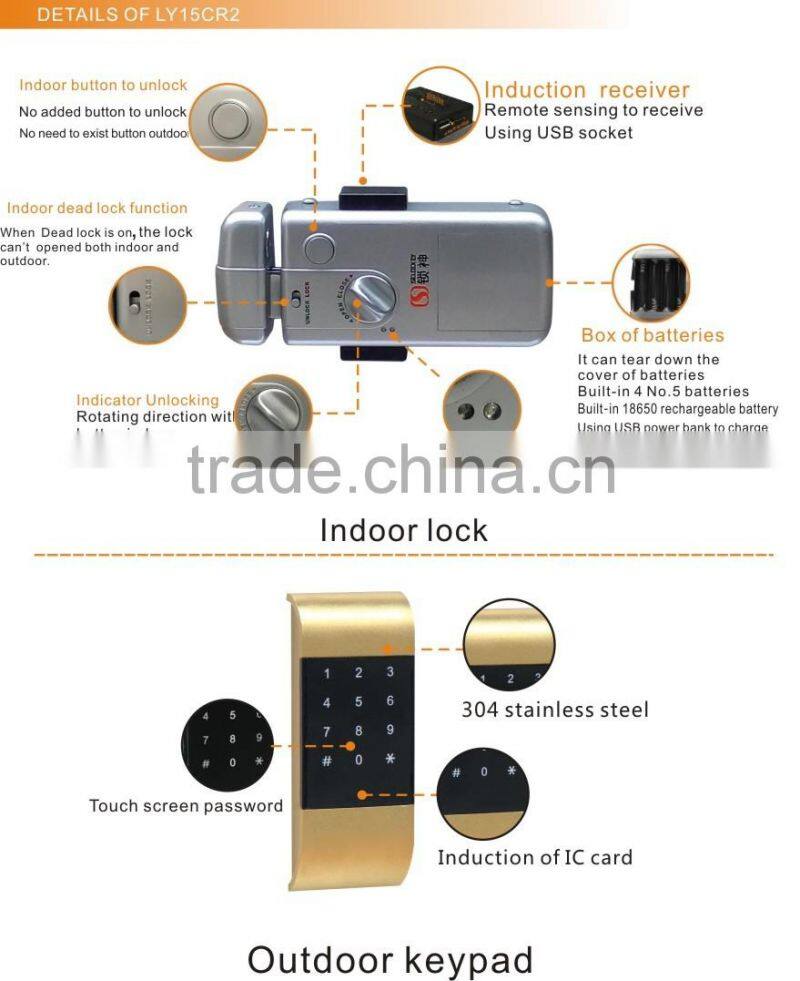 Wireless lock with 2 systems for gate and wooden door(LY15CR2-11BM)