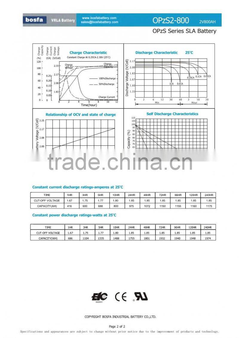 OPzS tubular plate 2v800ah storage battery battery for 20kw battery