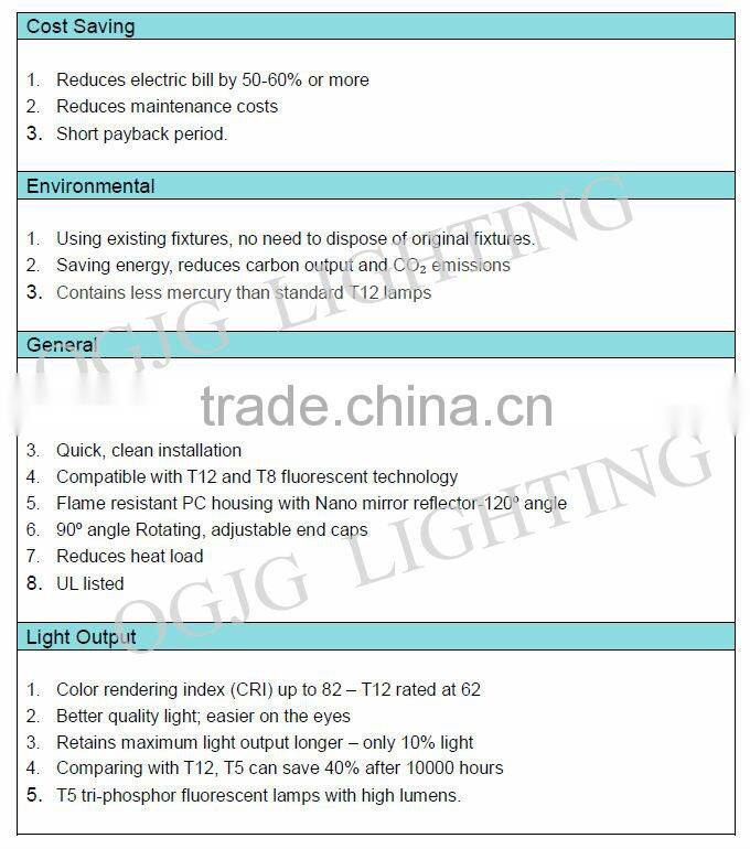 T8 to T5 fluorescent lamp adapter with reflector UL listed