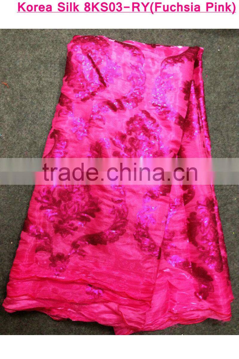 Fuchsia pink silk raw material Korea silk lace for garment cheap African wedding lace fabric
