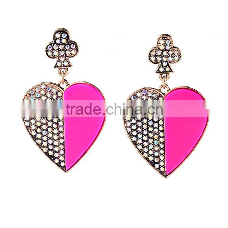 Exaggerated personality pave rhinestone crystal Lovely heart-shaped pendant earrings