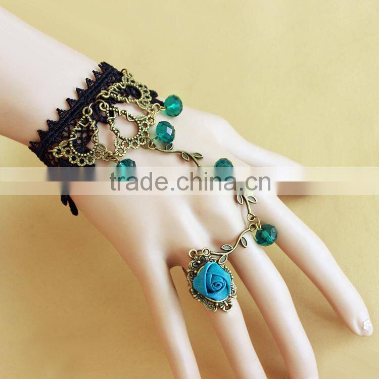 crystal lace bracelet ring, gold bracelet connected ring
