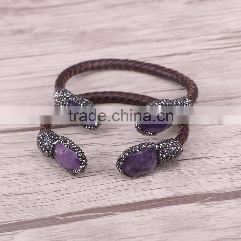 Natural Freshwater Pearl / Tiger Eye / Amethyst / Labradorite Stone Bangle Bracelet, Leather Cord DruzyJewelry Cuff Bangle