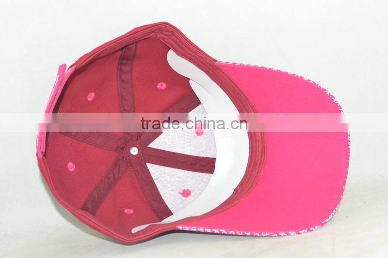 Guangzhou hat factory professional custom 6 panel / 100% cotton/pink/brim printing/baseball cap