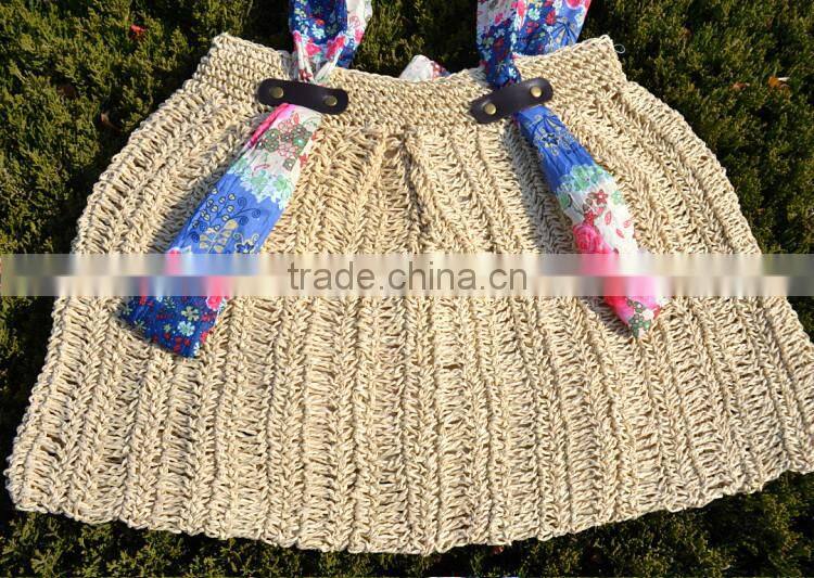 paper straw color women beach tote bag with cloth handle