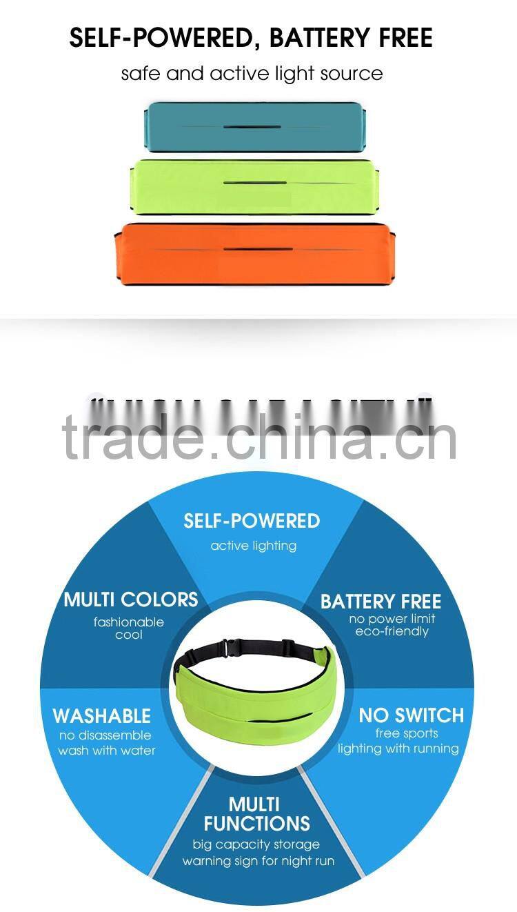 Battery free waist bag with self-powered safety LED light for night runner