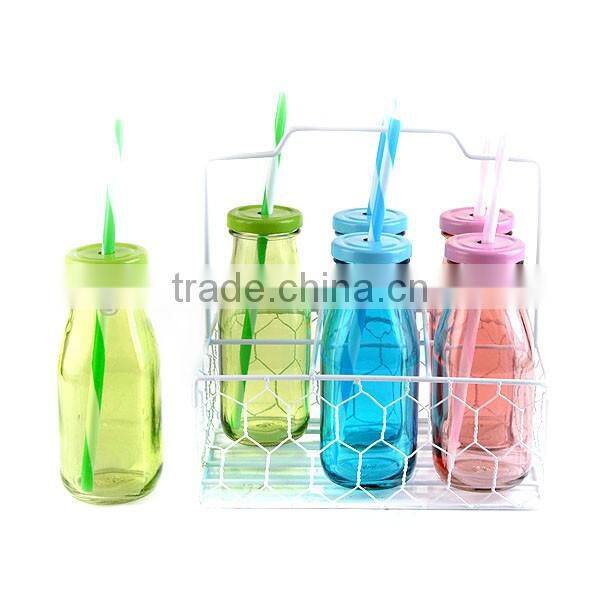 mini color milk bottles with straw and iron frame