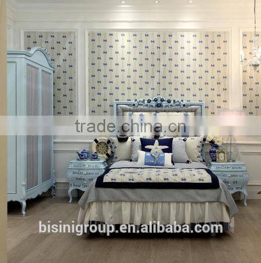 European style classic design boys light blue children wooden carved cloth art cot bed - BF07-70356