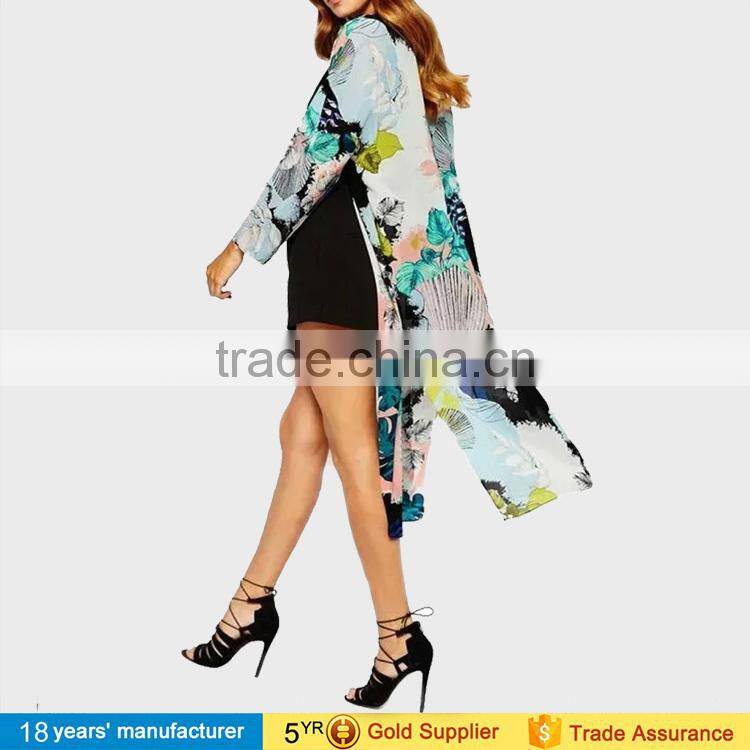 Women summer loose blusa tops outwear long sleeve plus size bohemian floral printed long chiffon open front kimono cardigan