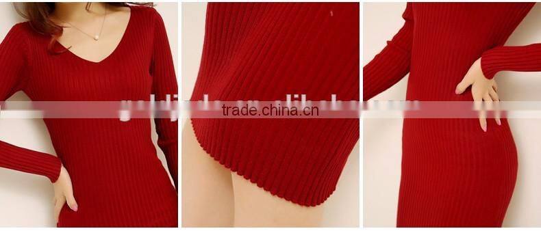 2016 Customized manufactorying korean style long sleeve V neck knitted ladies dress