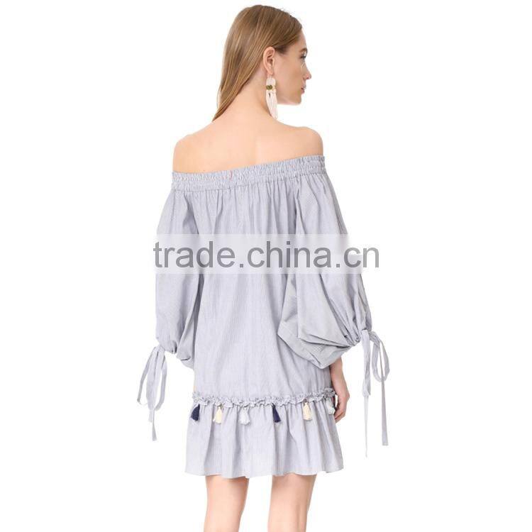 HAODUOYI Striped Women Dress Hem Ruffles Long Sleeve Sashes Loose Mini Dress Off Shoulder Backless Vestidos for Wholesale