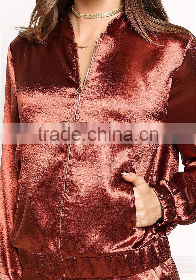 MGOO Custom Made Brown Satin Shiny Bomber Jackets Women Outwear Spring Tops Latest New Designs Tops