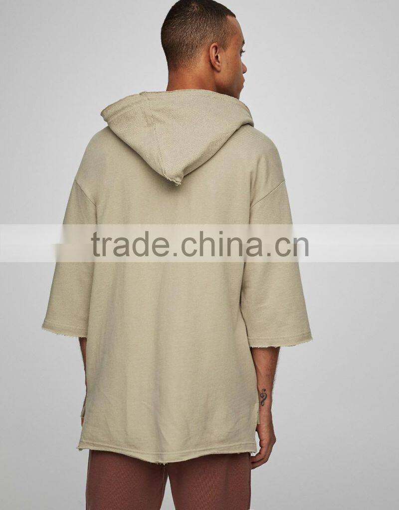 100% Cotton 3/4 Cropped Sleeves Men Blank Pullover Hoodie With Pocket