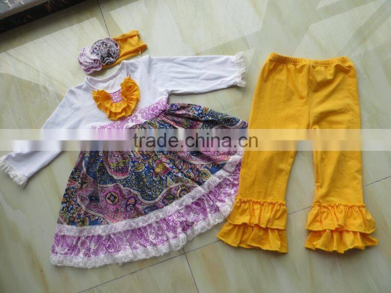 Wholesale Cotton Baby 3 pieces Spring Outfits Baby Girls Dress &Ruffle Pants Sets & Flower Headband QL-27