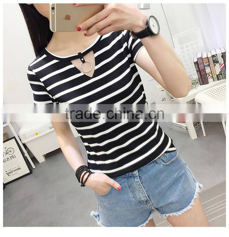 Girls Cheap Plain v neck stripe t shirt with ring low moq wholesale price