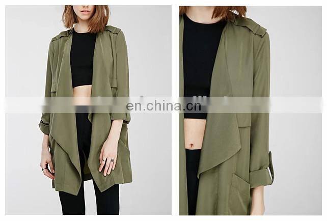 Styleish and classic collarless draped open front trench jacket of women NT201