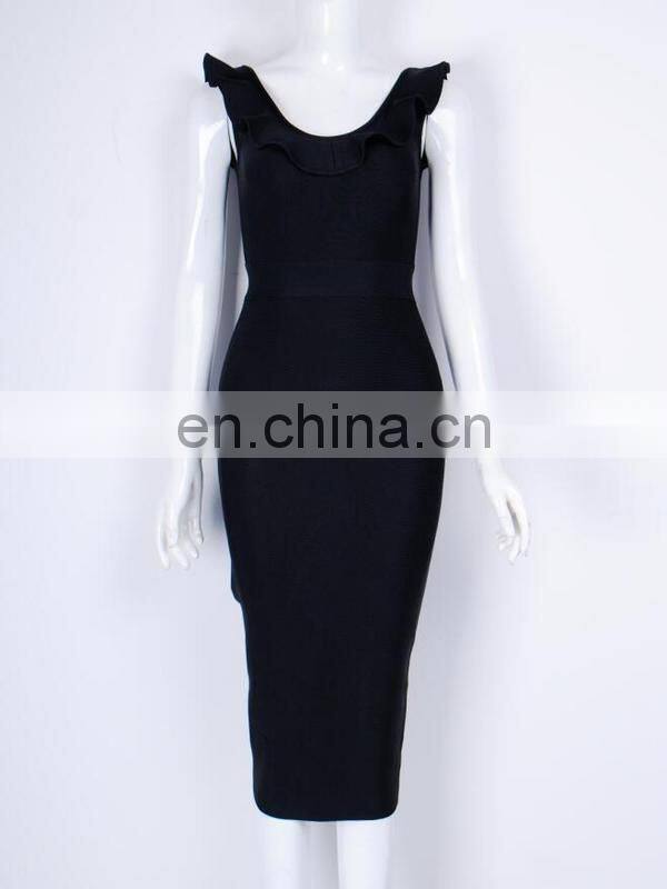 Amigo 2017 new style sleeveless Lotus leaf collar backless sexy bandage dress midi evening dresses for women party wear