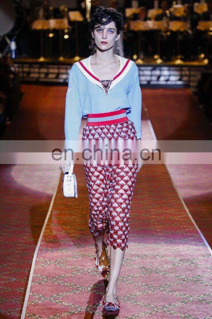 New arrival fashion show V neck light blue tops with transparent mesh lace red cloth