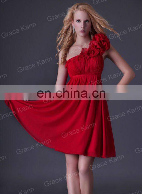 2015 Grace Karin Chiffon One Shoulder Short Red Bridesmaid Dress CL3476
