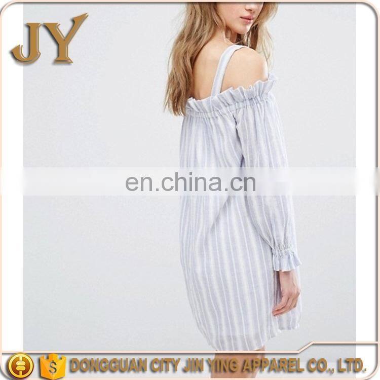 Blue and White Stripe Woven Dress Square Neck Cold-shoulder Design with Stretch Frill Trims Wholesale Items