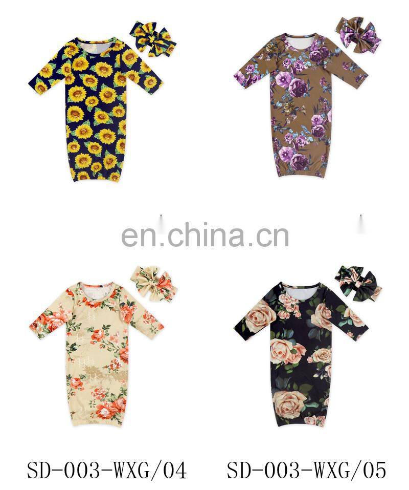 Cute floral print infant baby sleeping bag long sleeve children clothing and headband 2pcs sleeping bag baby gown set