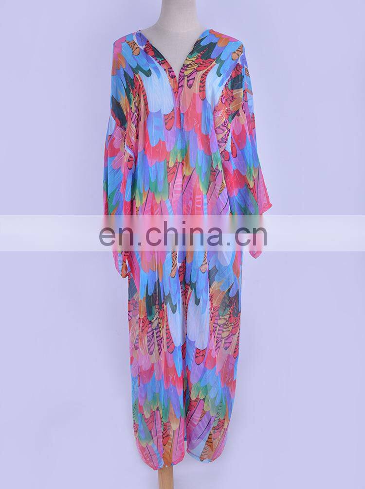 New Print Bohemian Long Chiffon Beach Dress Sarong Robe de Plage Kaftan Pus size Sexy Women Summer Dress Pareos Saida de Praia