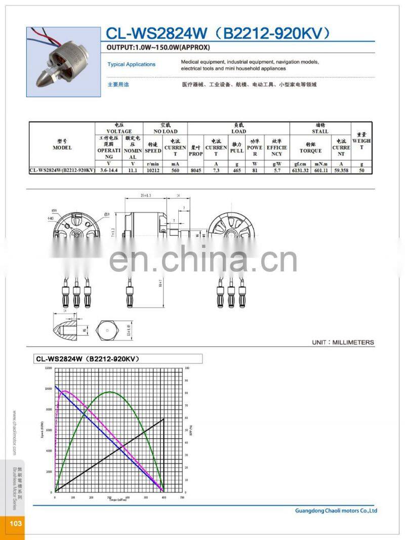 22mm 28mm CL-WS2824W(B2212-920KV) stator rotating brushless DC motor for 4 or 6 axis aircraft and multi rotor aircraft-chaoli