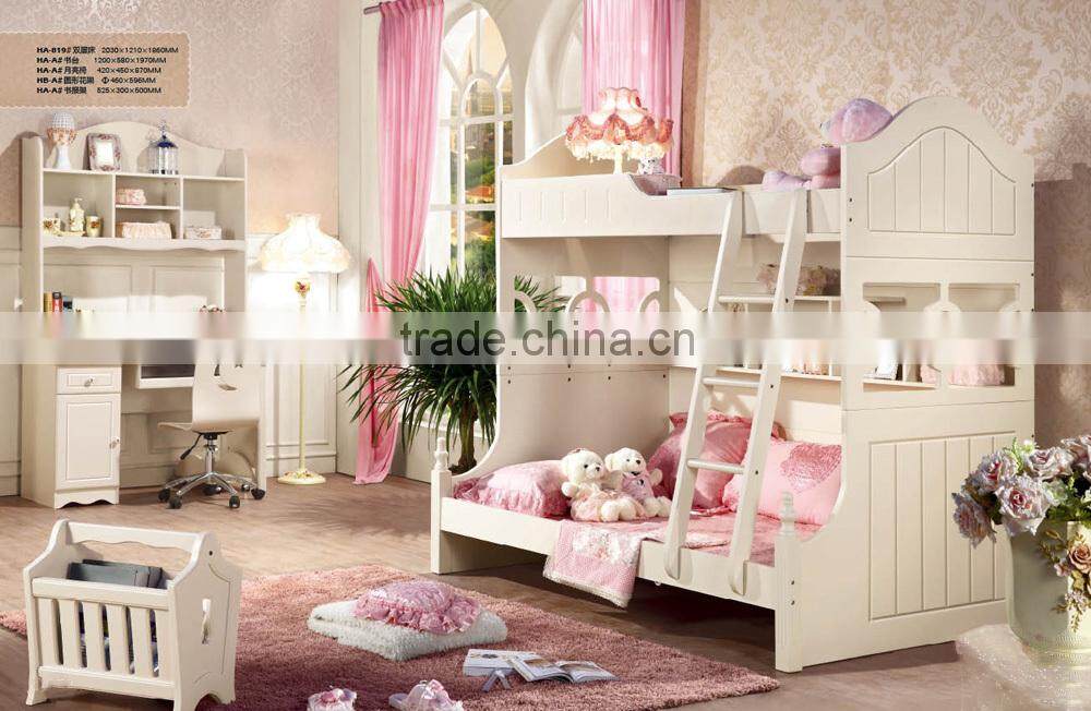Children wooden bunk bed with stairs and bookcase,Children's Furniture Sets