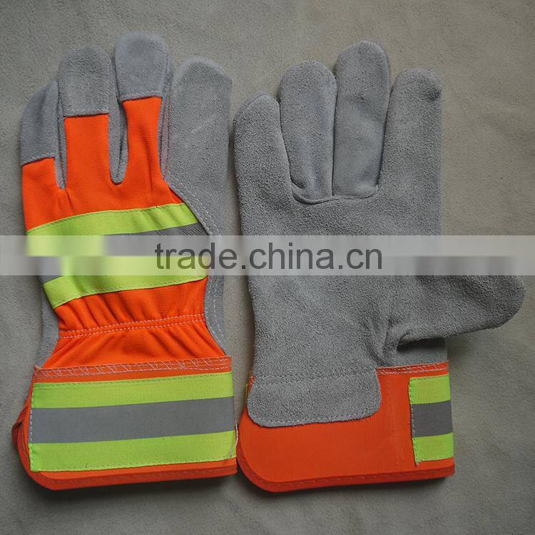 10.5"AB grade cow split leather working Gloves, reflective leather safety gloves, larbor gloves, garden gloves