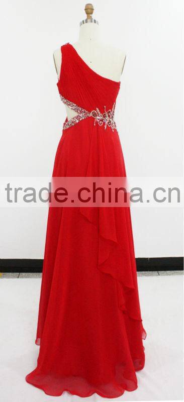 Unique Slit Chest Hollow Out Waist Design Red Chiffon Floral Evening Dress