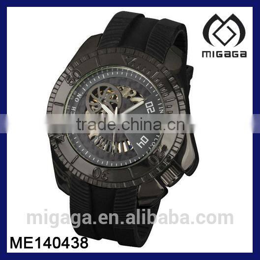 men's big size ion black plated watch military watch for sale rubber mechanical watch