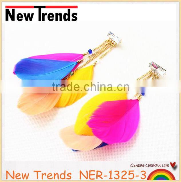 Fashion new design colorful long feather earring with clear crystal