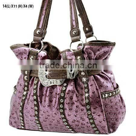 WESTERN RHINESTONE STUDDED BLACK OSTRICH LEATHER HANDBAG FACTORY