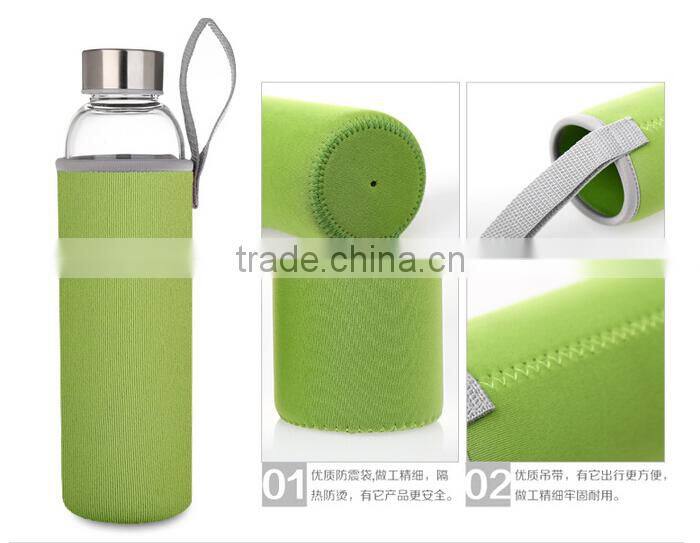 550ml hot selling healthy leak-proof crystal glass insulate sports bottle with sleeve